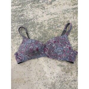 Cacique Lightly Lined Size 42C Push Up No Wire Bra Gray Floral Pink Bow